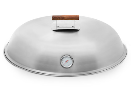 Lock i rostfritt stål med inbyggd termometer och trähandtag upptill.