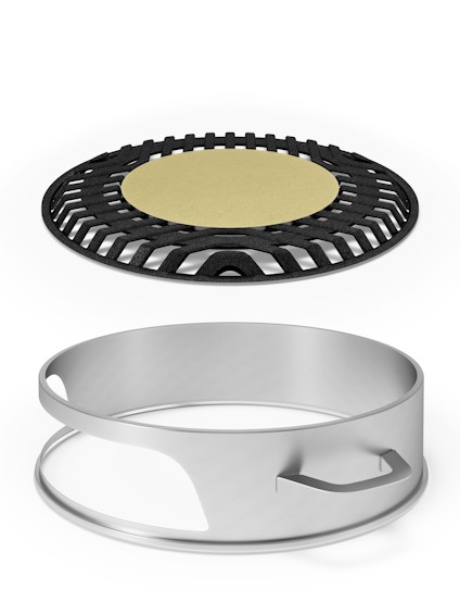 Rund metallring med handtag och runt svart galler med gul skiva i mitten.