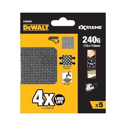 Förpackning med DeWalt slippapper, 240G, 115x115 mm, x5, med varumärkesloggor och produktdetaljer.