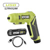Grön och svart batteridriven skruvdragare med märke RYOBI, USB-laddningsbar, med tillhörande batteri och USB-kabel.