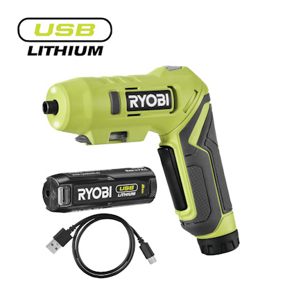 Grön och svart batteridriven skruvdragare med märke RYOBI, USB-laddningsbar, med tillhörande batteri och USB-kabel.