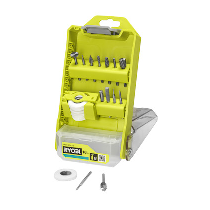 Snide- och gravyrkit i grön förvaringslåda med transparent lock, olika gravyrverktyg synliga. Märkt "RYOBI 16+".