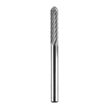 Hårdmetallfräs med spiralformade skär längs toppen och en slät cylindrisk del längst ner.