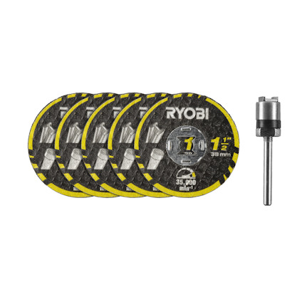 Fem svarta och gröna metallkapsskivor med texten "RYOBI 1 1/2'' 38mm" bredvid en metalladapter.