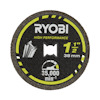 Rund metallkapskiva med texten "RYOBI HIGH PERFORMANCE 1 1/2'' 38 mm 35,000 min⁻¹" och grafiska symboler.