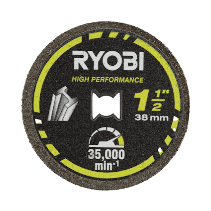 Rund metallkapskiva med texten "RYOBI HIGH PERFORMANCE 1 1/2'' 38 mm 35,000 min⁻¹" och grafiska symboler.