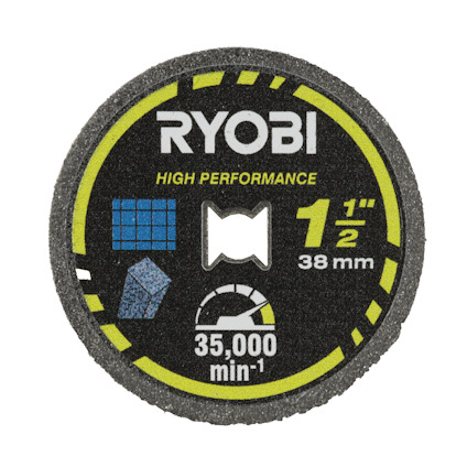 Svart och grön diamantkapskiva med text: "RYOBI", "1 1/2'' 38 mm", "35,000 min⁻¹", och grafik av slipkorn.