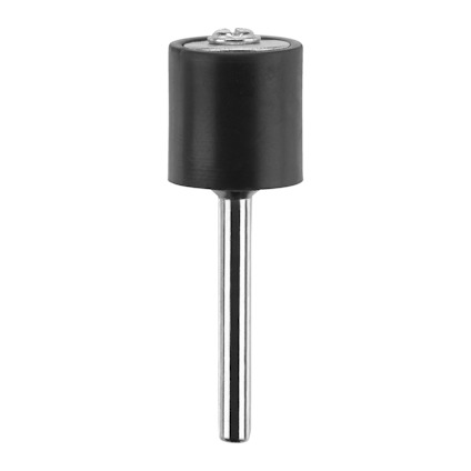 Svart slipband med cylindrisk form och metallspindel.
