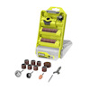 Multiverktyg kit med sliptrummor, sliphuvuden, borst och tillbehör i en grön förvaringslåda från Ryobi.