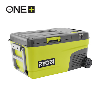 Grön och grå batteridriven kylbox med RYOBI-logga, utrustad med hjul och handtag. ONE+ 18V-logga i hörnet.