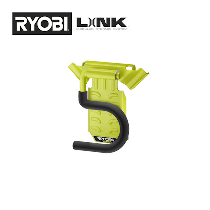 Grön verktygskrok med svart böjd del, logotypen "RYOBI LINK Modular Storage System" syns ovanför.