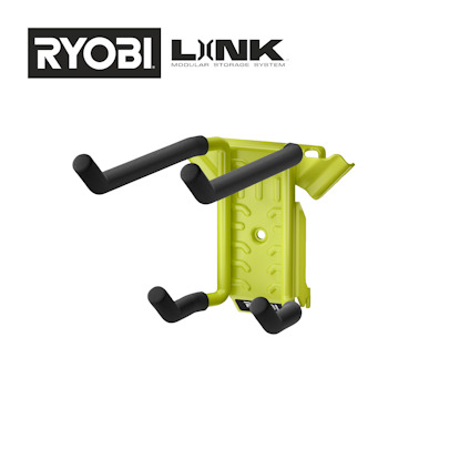 Grön dubbelkrok med svart gummibeläggning, överst texten "RYOBI LINK Modular Storage System".