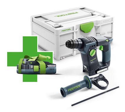 Borrhammare med grön och svart design, batteri, handtag och förvaringslåda märkt "Festool".