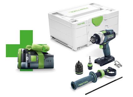 Skruvdragare med flera tillbehör inklusive batteri, laddare och förvaringslåda från märket Festool.