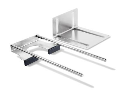 Två metallfärgade konsoler med stavar och svarta skydd, formade i rät vinkel, mot en vit bakgrund.