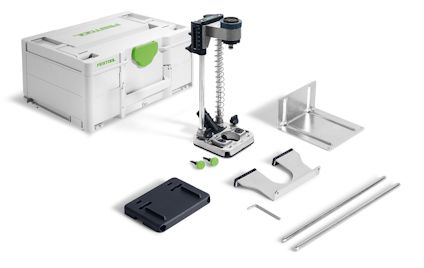 Borrstativ med tillbehör; två stänger, platta, U-formad del, verktyg, plastlåda märkt "Festool".