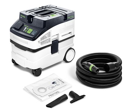Dammsugare med hjul, slang, dammsugarpåse och två munstycken, märkta med "Festool".
