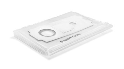 Vit säkerhetsfiltersäck med Festool-logga, staplad på andra likadana säckar i plastförpackning.