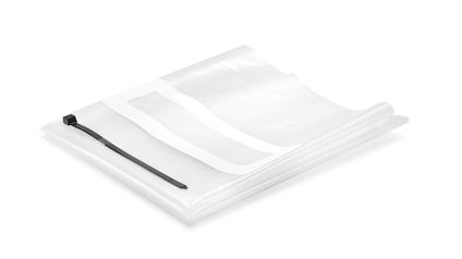 Vikta transparent plastsäck med vit förstärkning och svart kabelband bredvid.