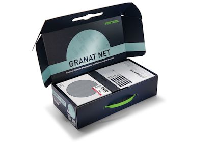 Förpackning med ett set nätslippapper från Festool, märkt "GRANAT NET", delvis öppen och exponerar innehållet.