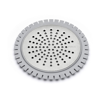 Rund sil i metall med många cirkulära hål, designad med en tandad kant. Texten "PUREA" syns.