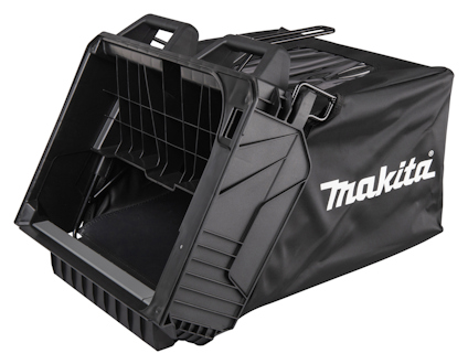 Svart uppsamlare med Makita-logotypen synlig på sidan, svart plastkonstruktion och tygöverdel.