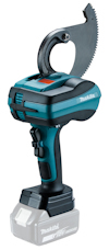 Kabelsax i blå och svart med batteripack, svängbar käft för skärning av kablar. Märkt med "Makita".