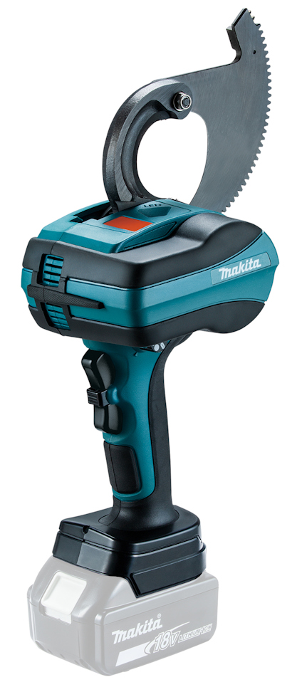 Kabelsax i blå och svart med batteripack, svängbar käft för skärning av kablar. Märkt med "Makita".