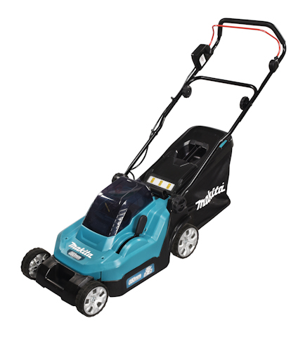 Blå gräsklippare från Makita med svart handtag och hjul. Batteridriven med uppsamlare på baksidan.