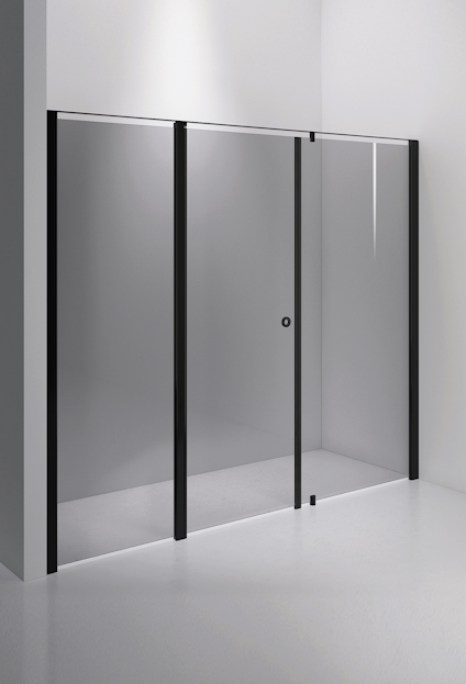 Duschvägg med svart ram och tonat glas i en modern, stilren design.
