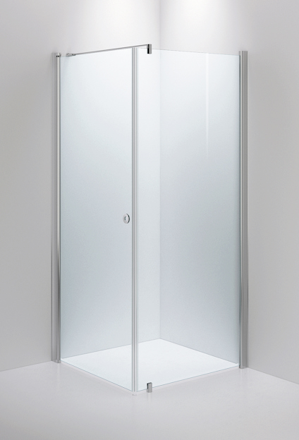 Glasduschvägg med två paneler och ett gångjärn, monterad i ett hörn. Minimalistisk design med polerade ytor.
