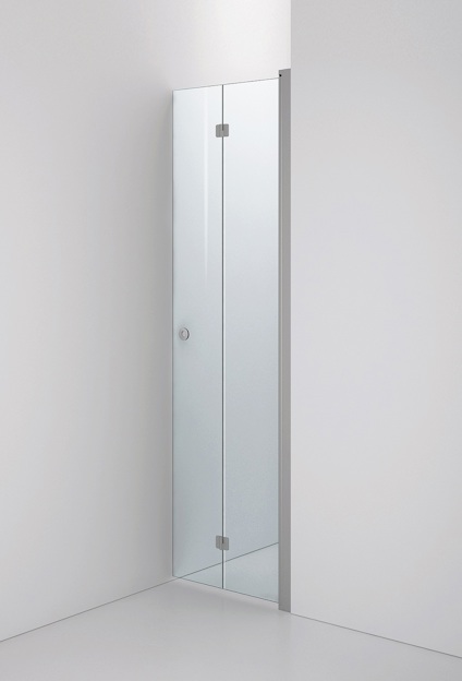 Glasdörr med klar panel och borstad metallram monterad i ett hörn av ett vitt rum.