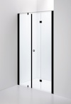 Duschvägg med svart ram och glasdörrar, monterad i ett hörn.