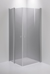 Duschvägg i hörn med rökfärgat glas och borstad metallram samt två handtag i mitten.