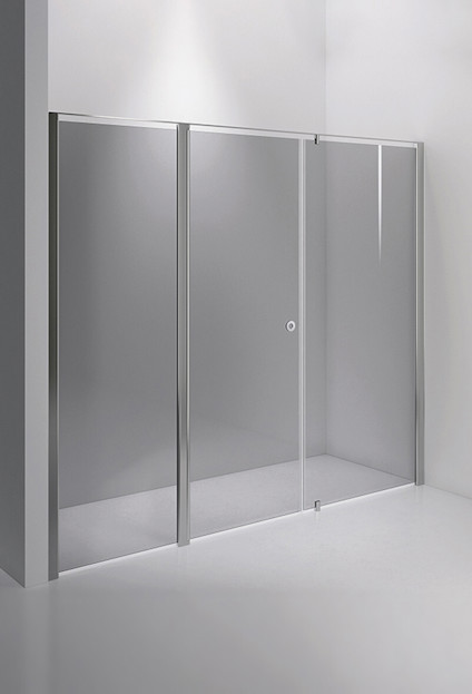 Duschvägg i rökfärgat glas med polerade metallkanter, placerad i ett hörn av ett vitt rum.