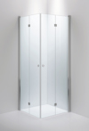 Genomskinlig duschvägg med minimalistisk design i hörnplacering med kromade detaljer och dörrar på glaspanelerna.