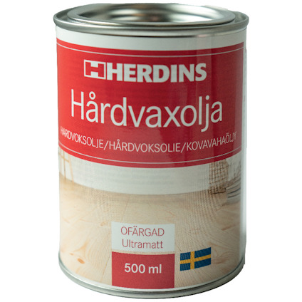 Burk med Herdins hårdvaxolja, ofärgad ultramatt, 500 ml. Svensk flagga på etiketten.