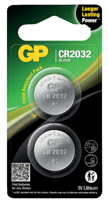 Förpackning med två CR2032-knappcellsbatterier från GP, märkta med 3V lithium och längre hållbarhet.
