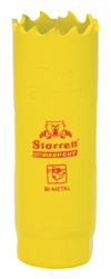 Gul hylsformad hålsåg med tandad kant. Texten "Starrett Deepcut Bi-Metal" syns i rött.