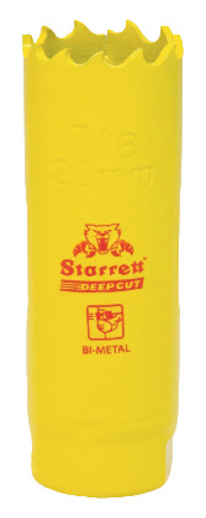 Gul hylsformad hålsåg med tandad kant. Texten "Starrett Deepcut Bi-Metal" syns i rött.