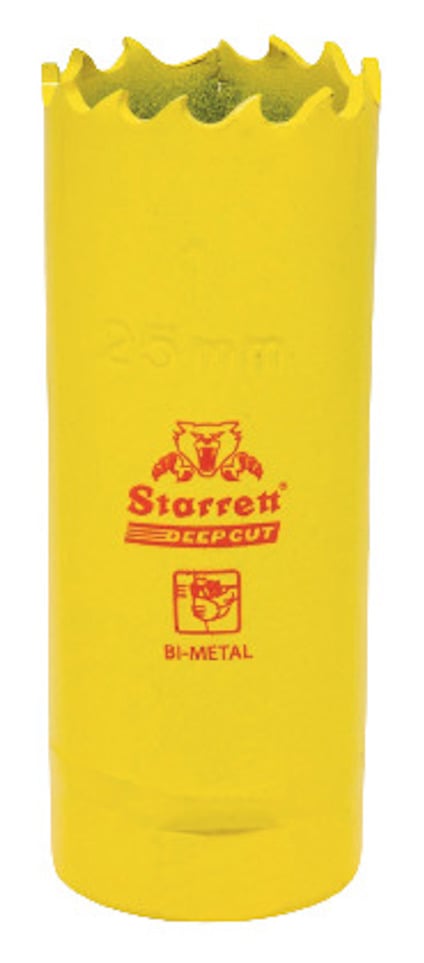 Gul hålsåg i bimetall med tandad kant, text "Starrett Deepcut" och märke synliga.