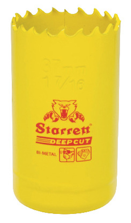 Gul hålsåg med tandad kant och tryckt logotyp "Starrett DEEP CUT".