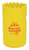 Gul hålsåg av bimetall med tandad kant och rött märktryck inklusive ordet "Starrett" och symboler.