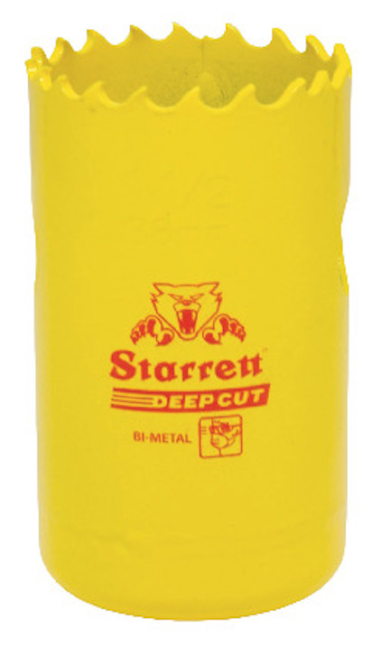 Gul hålsåg av bimetall med tandad kant och rött märktryck inklusive ordet "Starrett" och symboler.