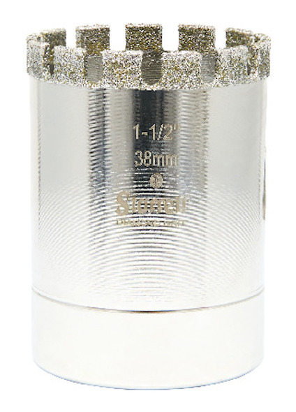 Metallisk hålsåg med diamantkant, texten "1-1/2'' 38mm Starrett" synlig på sidan.