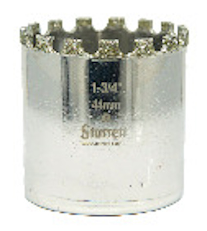 Cirkelformad hålsåg med tandad diamantkant och texten "Starrett Diamond Grit 1-3/4'' 44mm" på metallisk kropp.