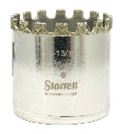 Cylindrisk metallhålsåg med diamantbelagda tänder och texten "Starrett Diamond Grit 46mm".