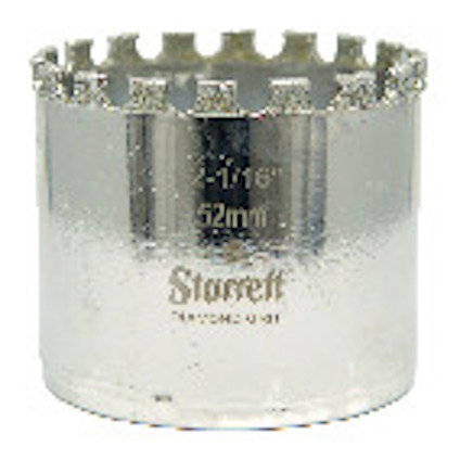 Cylindrisk metallhålsåg med tandad kant och texten "Starrett Diamond Grit 2-1/16" 52mm" i silver.