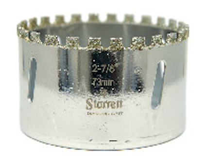 Metallisk hålsåg med diamantkant och märkning "Starrett DIAMOND GRIT 2-7/8'' 73mm".