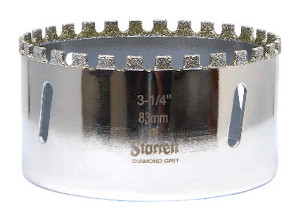 Cylindrisk hålsåg med diamanter längs skärkanten, märkt med "3-1/4 83mm Starrett Diamond Grit".